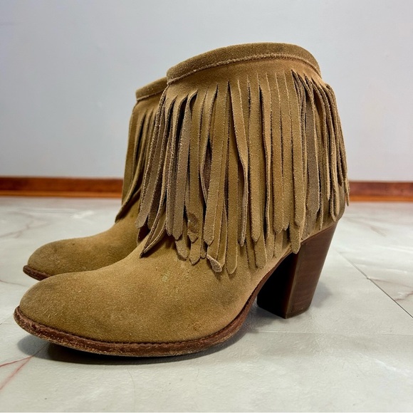 Frye Llana Fringe Boots Suede Leather Size 7.5 Tan Ankle Booties - Picture 4 of 7
